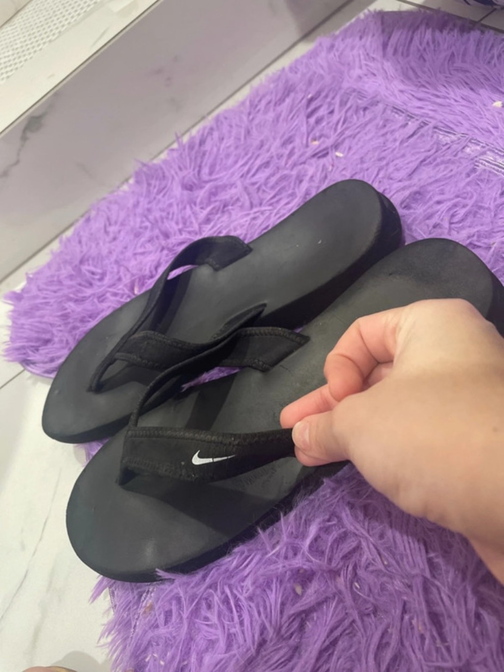 Nike Black Flip Flops with White Swoosh